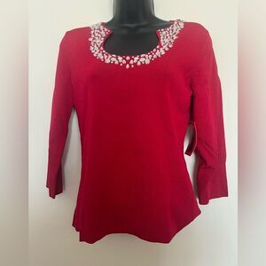 Cable & Gauge Red Blouse with Embellished Neckline